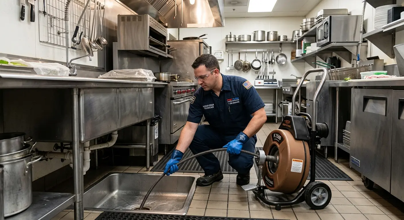 Commercial drain cleaning service in a restaurant kitchen in Hempstead