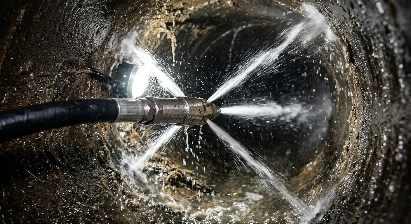 High-pressure hydro jetting nozzle cleaning sewer pipe for Sewer Cleanout in Hempstead