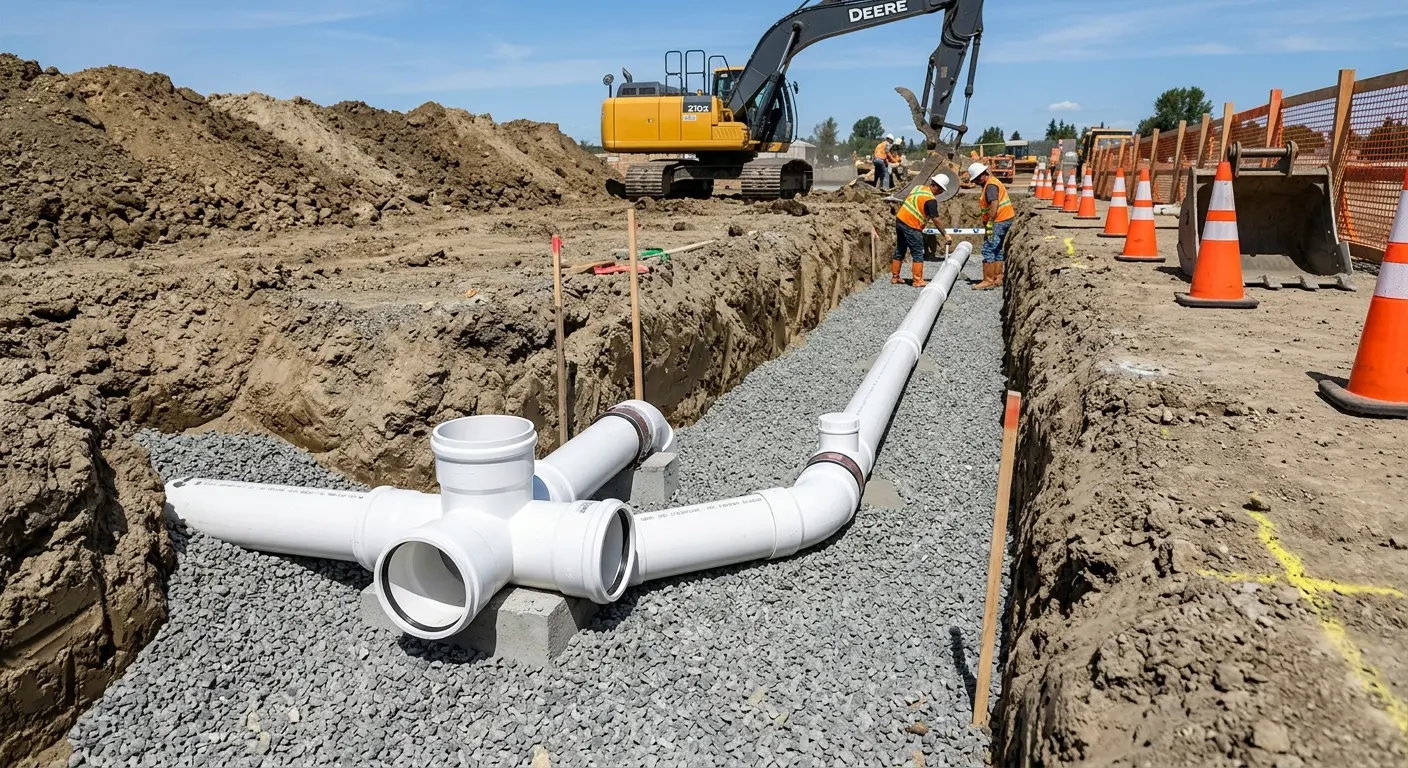 New PVC sewer pipe installation in open trench for Commercial Drain Cleaning in Hempstead