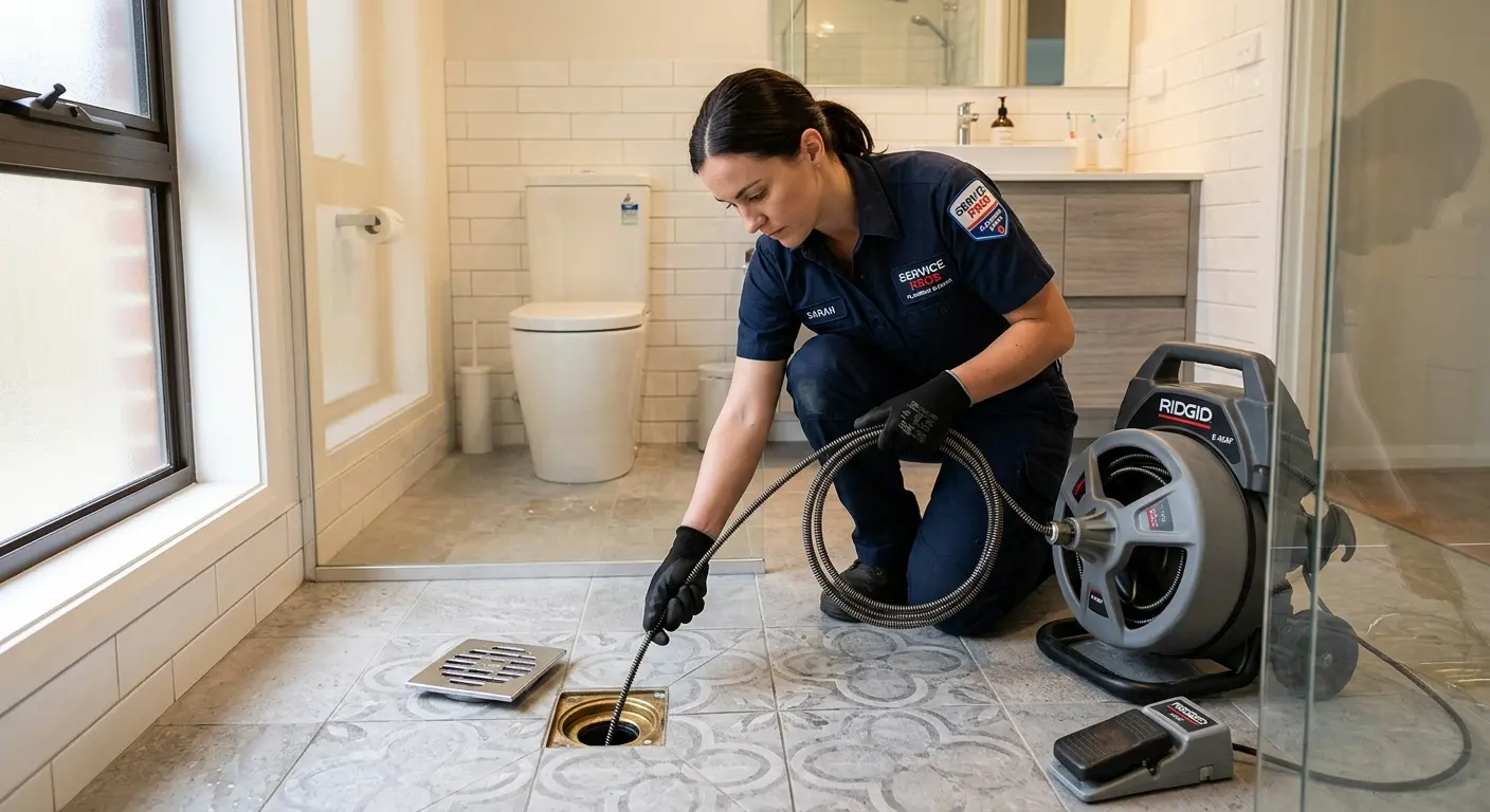Technician clearing a bathroom floor drain for Sewer Line Replacement in Hempstead